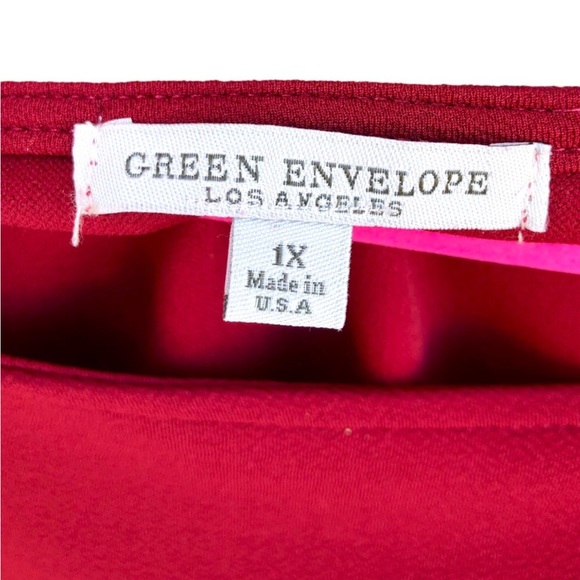 Green Envelope Burgundy 3/4 Circular Flounce Sleeve Blouse (1X) - - Picture 2 of 4